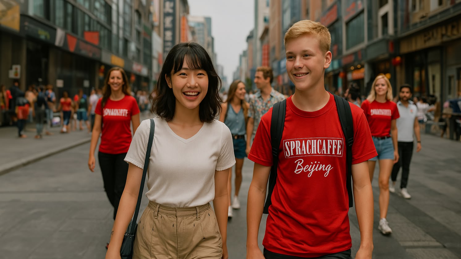 Sprachcaffe students walking through a busy street in Beijing, China, with locals and shops in the background.