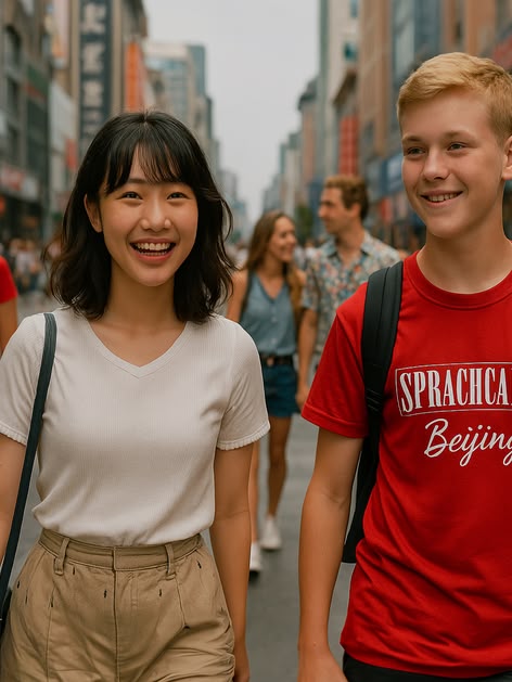 Sprachcaffe students walking through a busy street in Beijing, China, with locals and shops in the background.